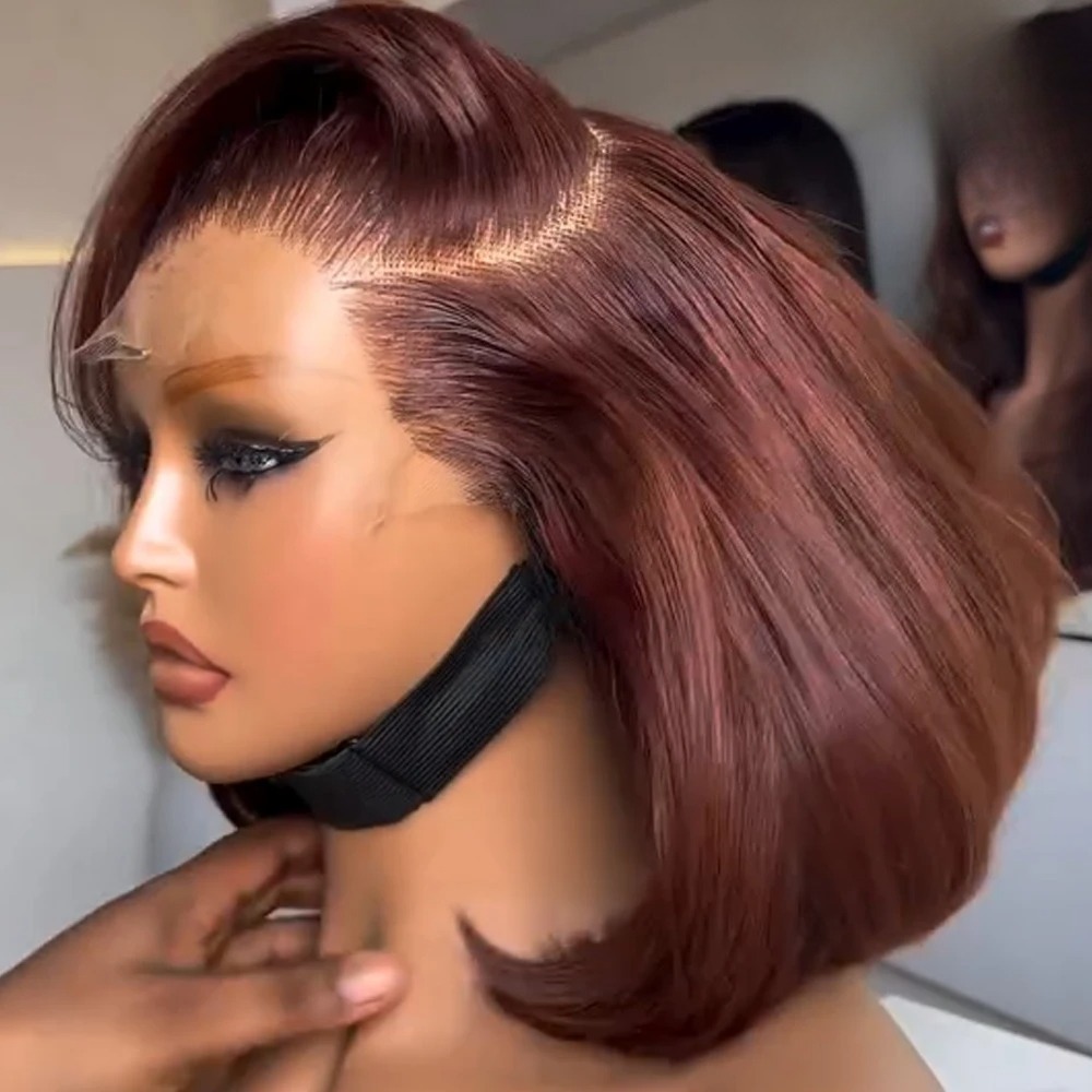 Pre Parted 13X4 Lace Front Bob Wig - Peruca Sintética Bob Marrom Avermelhado HD