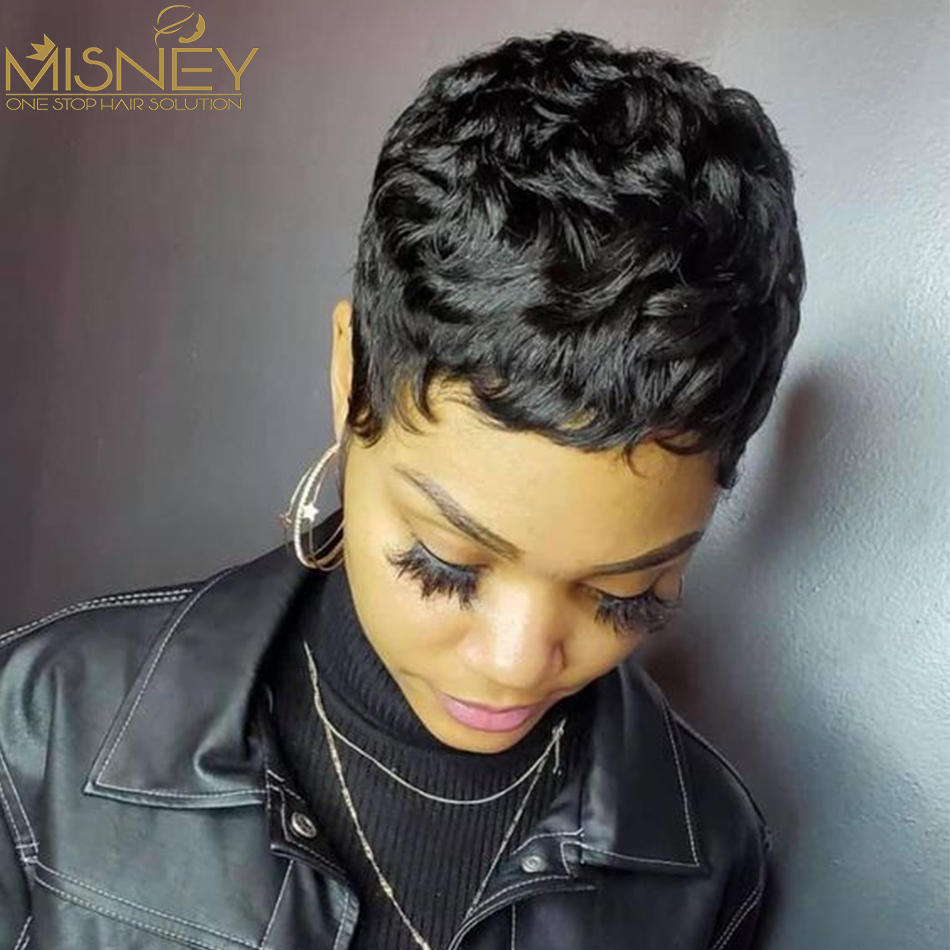 Perucas de cabelo humano liso, - Short Pixie Cut Wig Human Hair Cheap avaliação e preço