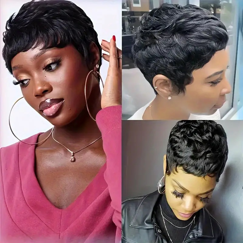 Perucas de cabelo humano liso, - Short Pixie Cut Wig Human Hair Cheap avaliação e preço
